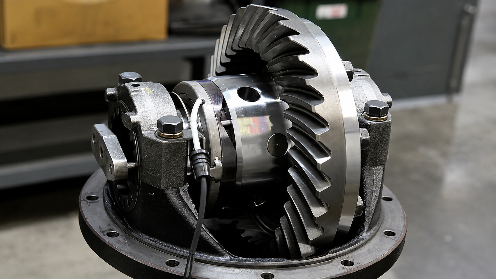 New ring and pinion gear set with chromoly axle shafts on a clean shop workbench