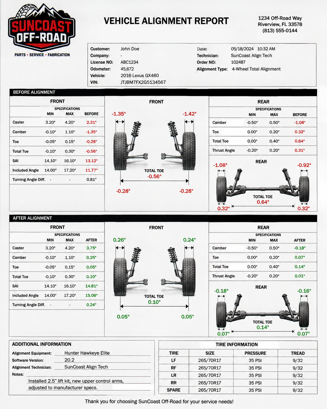 SunCoast Off-Road vehicle alignment report showing before and after specs for a 2016 Lexus GX460