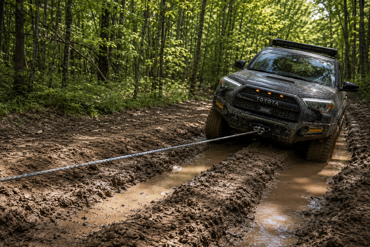 Mud-covered Toyota 4Runner stuck in a deep forest mud rut being recovered with a winch line