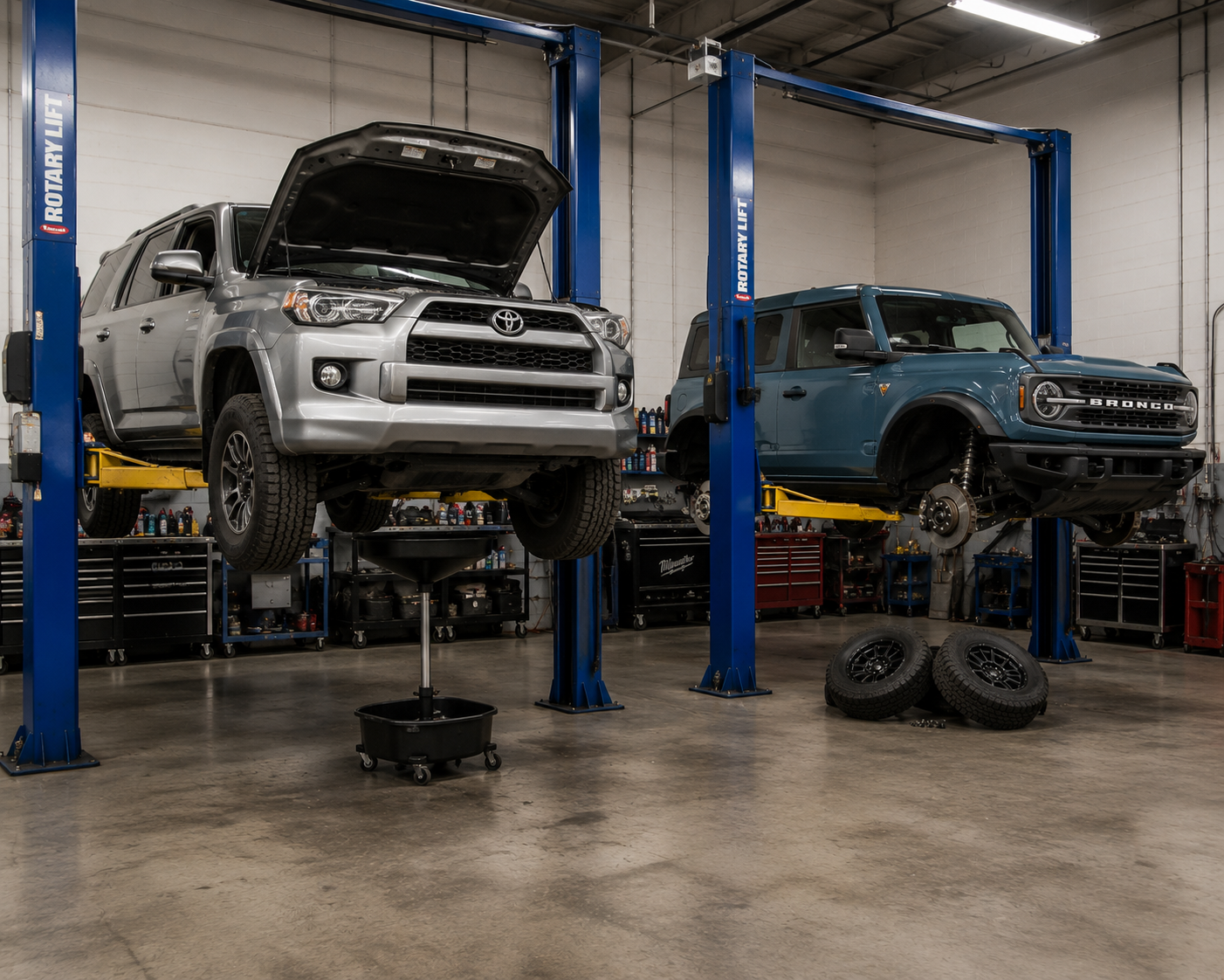 Mechanic's gloved hands greasing a u-joint on a driveshaft under a lifted Jeep Wrangler