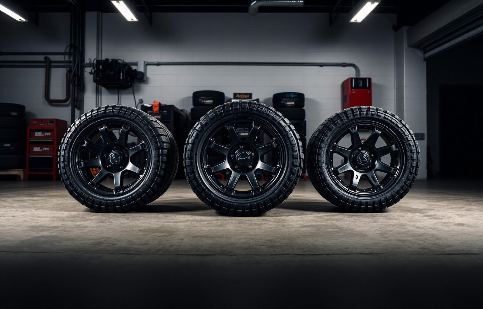 Premium off-road wheels and mud-terrain tires staged in a clean professional shop bay